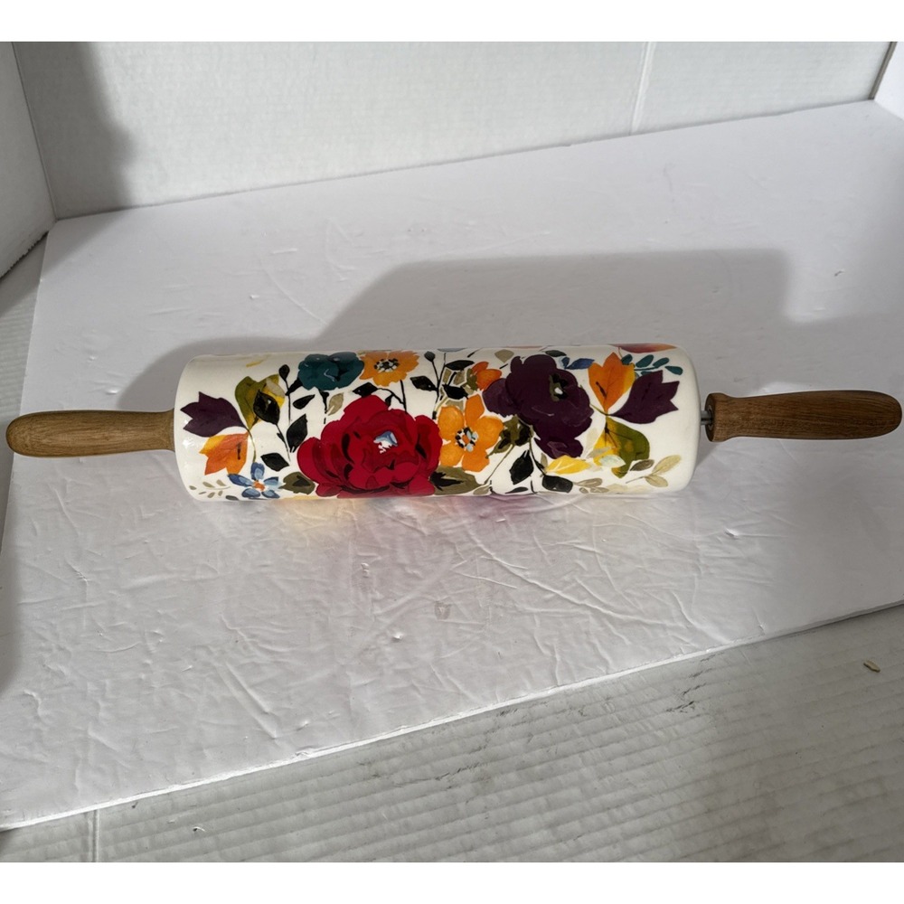 Pioneer Woman Fall Harvest Floral Ceramic Rolling Pin w/ Wood Handles Large 18"L